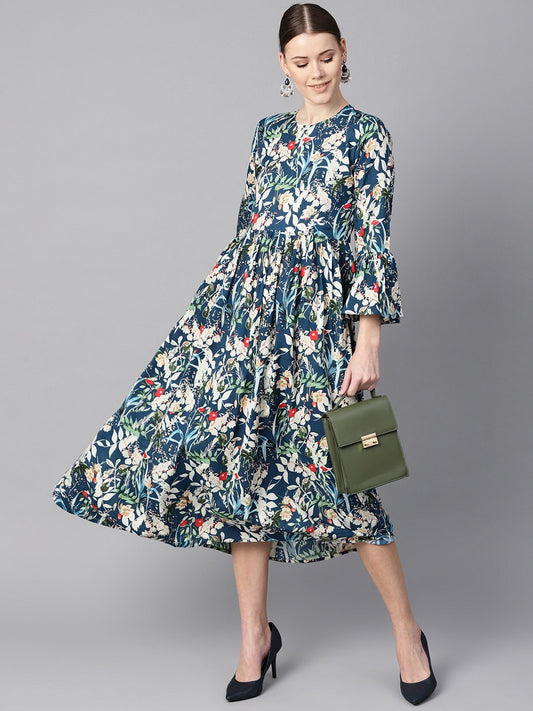 Women's Blue Multicolored Quirky Floral Printed High Neck Back Hook Closure 3/4Th Flared Sleeves Gathered Dress.