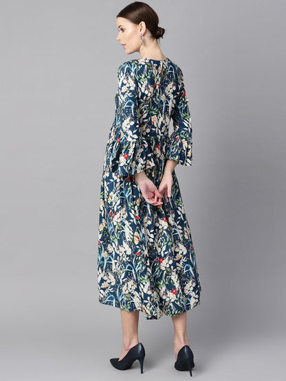 Women's Blue Multicolored Quirky Floral Printed High Neck Back Hook Closure 3/4Th Flared Sleeves Gathered Dress.