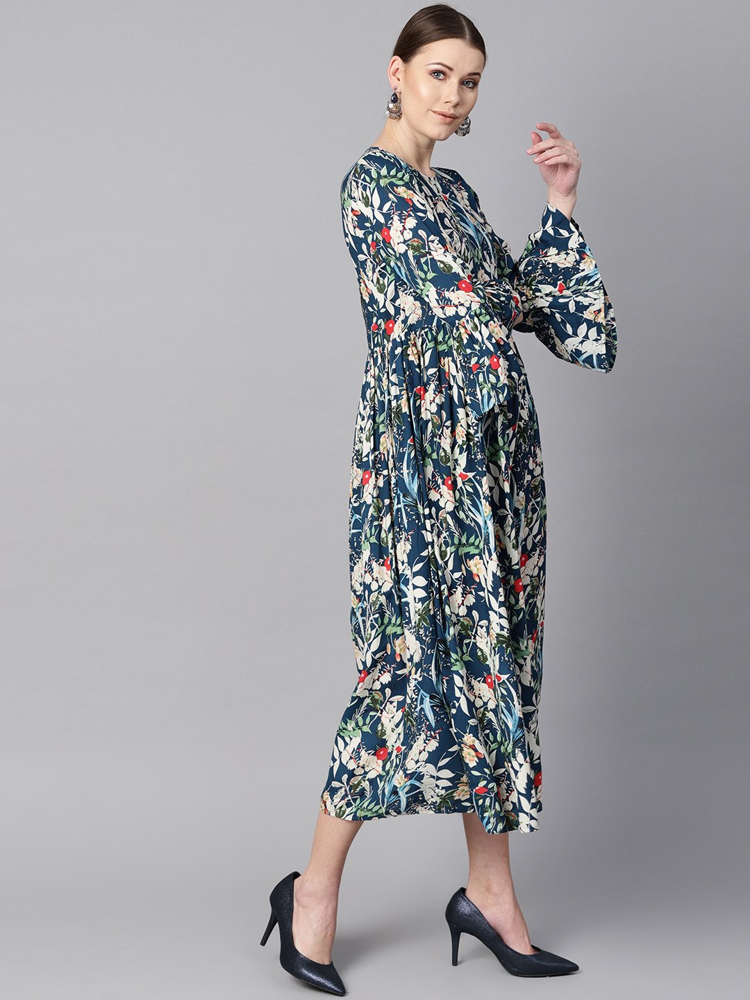 Women's Blue Multicolored Quirky Floral Printed High Neck Back Hook Closure 3/4Th Flared Sleeves Gathered Dress.