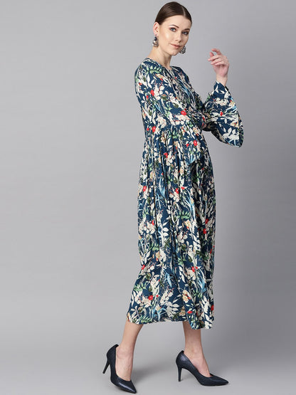 Women's Blue Multicolored Quirky Floral Printed High Neck Back Hook Closure 3/4Th Flared Sleeves Gathered Dress.