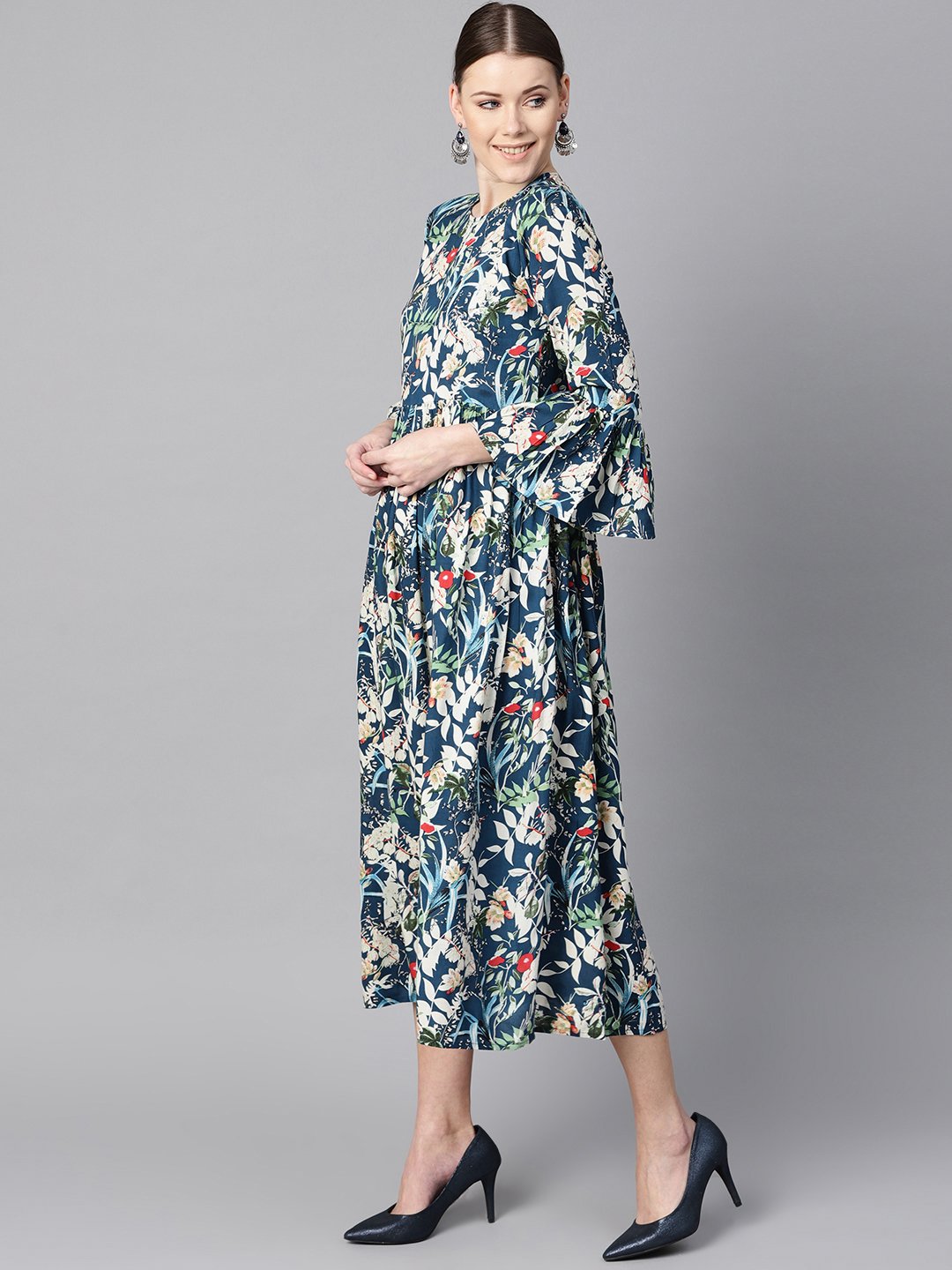 Women's Blue Multicolored Quirky Floral Printed High Neck Back Hook Closure 3/4Th Flared Sleeves Gathered Dress.