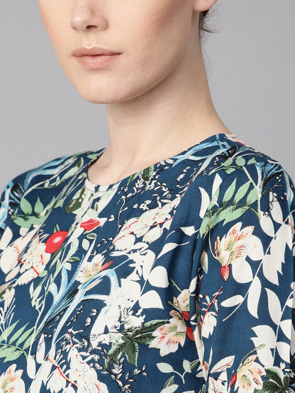 Women's Blue Multicolored Quirky Floral Printed High Neck Back Hook Closure 3/4Th Flared Sleeves Gathered Dress.