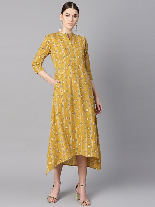Women's Mustard Yellow Color Ikat Printed Chinese Collar Dress With Placket Opening.