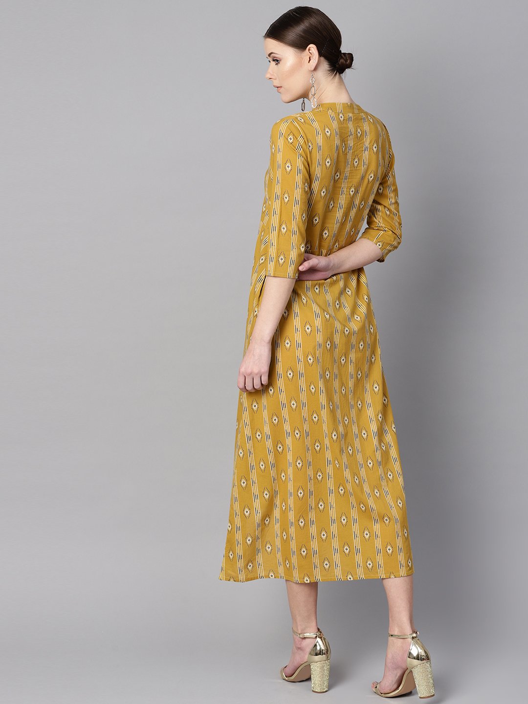 Women's Mustard Yellow Color Ikat Printed Chinese Collar Dress With Placket Opening.
