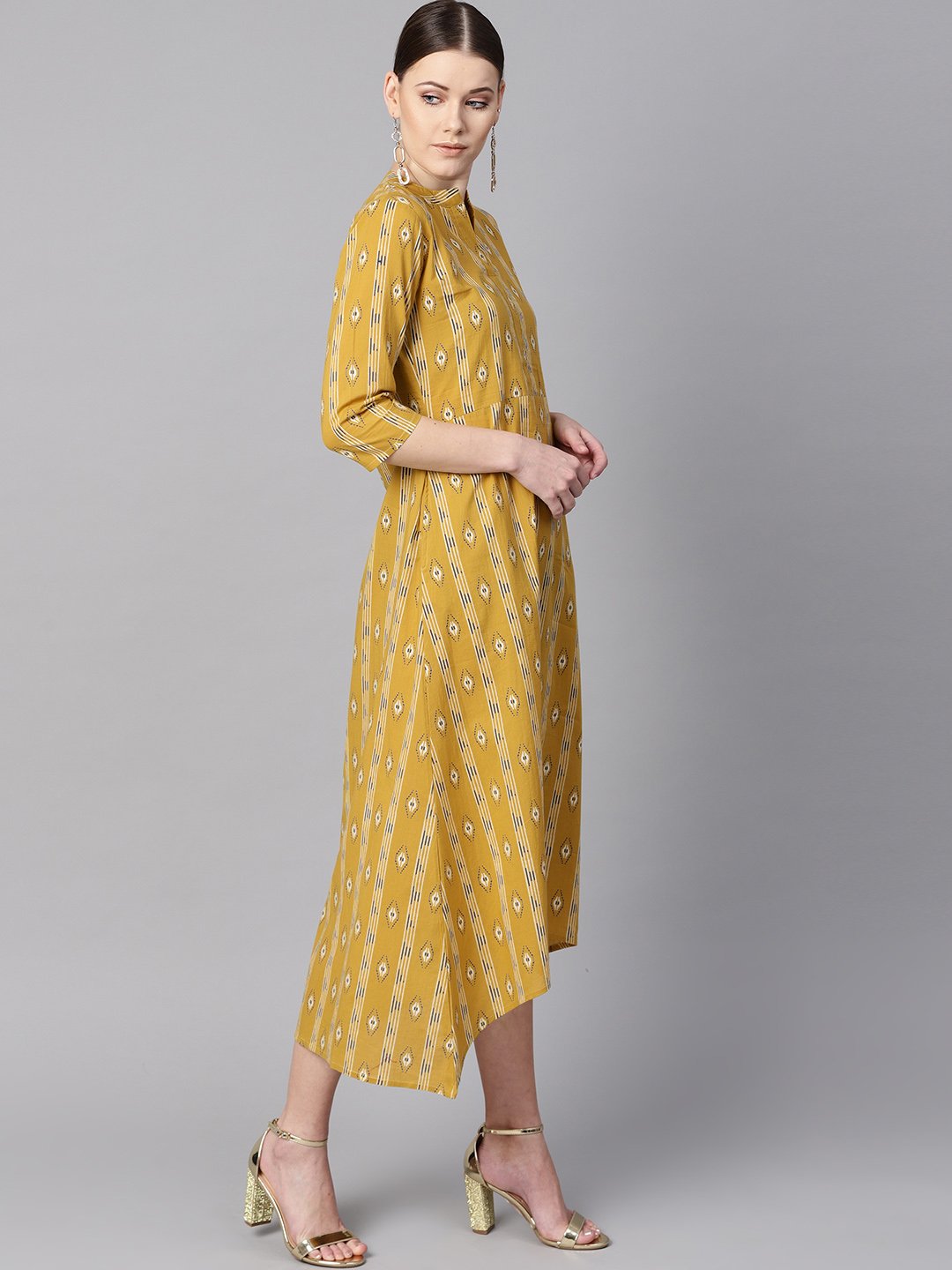 Women's Mustard Yellow Color Ikat Printed Chinese Collar Dress With Placket Opening.