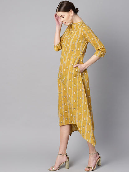 Women's Mustard Yellow Color Ikat Printed Chinese Collar Dress With Placket Opening.