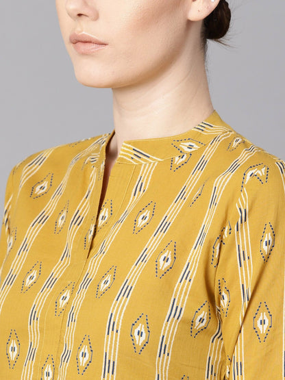 Women's Mustard Yellow Color Ikat Printed Chinese Collar Dress With Placket Opening.