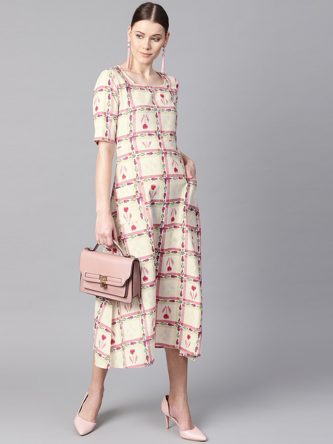 Women's White Floral Ikat Print Square Neck Aline Dress With Front Pockets.