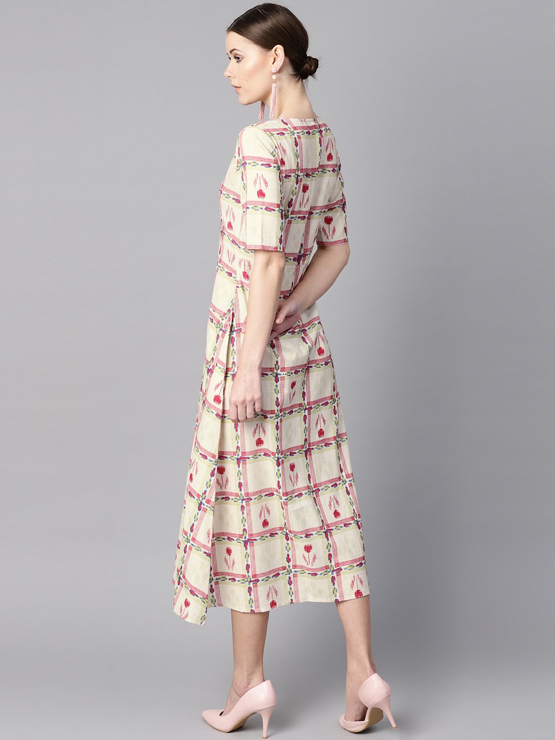 Women's White Floral Ikat Print Square Neck Aline Dress With Front Pockets.