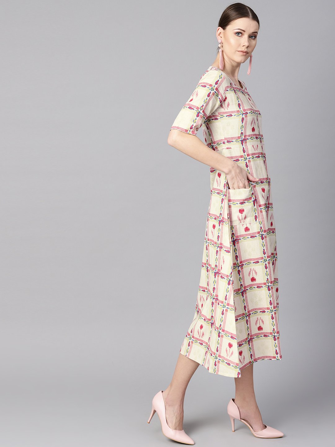 Women's White Floral Ikat Print Square Neck Aline Dress With Front Pockets.
