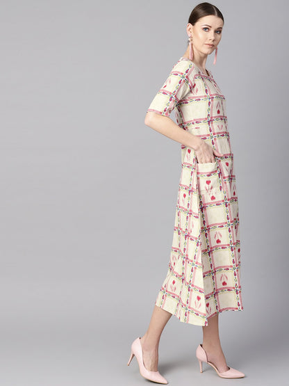 Women's White Floral Ikat Print Square Neck Aline Dress With Front Pockets.