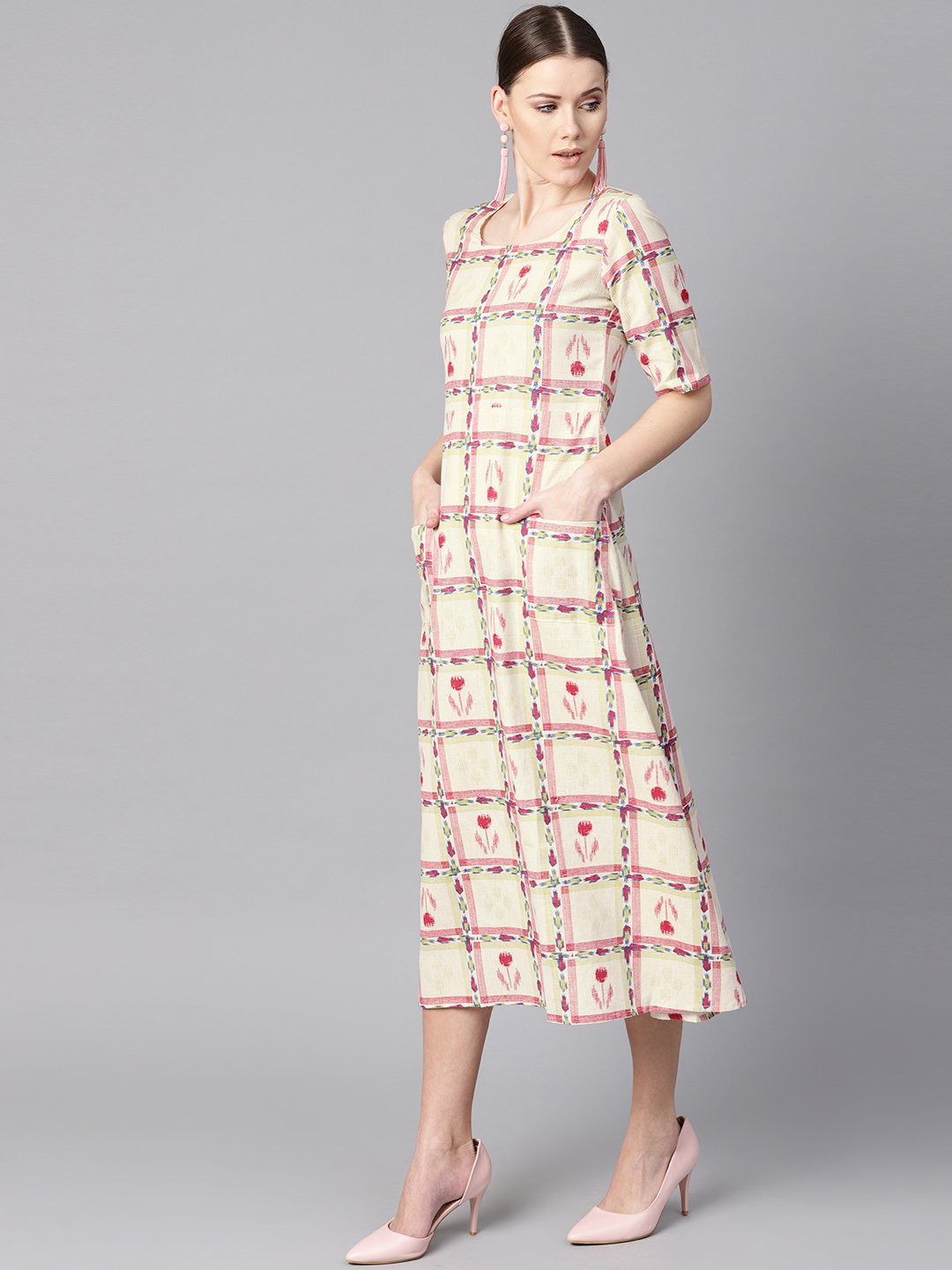 Women's White Floral Ikat Print Square Neck Aline Dress With Front Pockets.