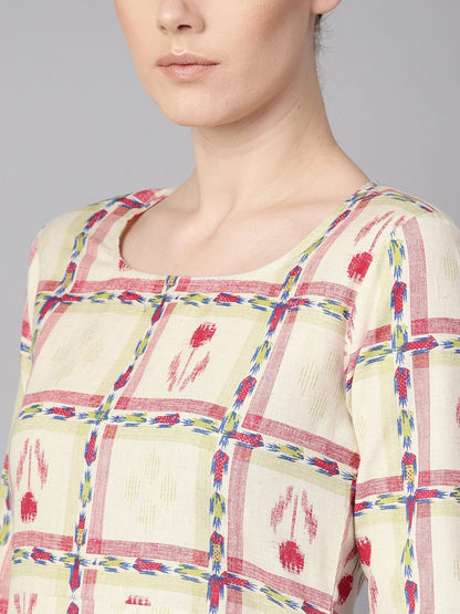 Women's White Floral Ikat Print Square Neck Aline Dress With Front Pockets.