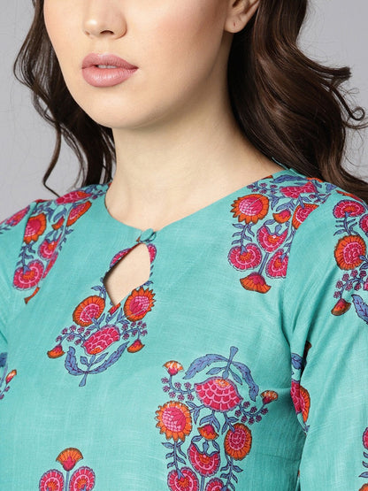 Women's Turqish Blue Color Printed Half Sleeve Pleated Maxi Dress With Deep Back And Tassel Detailing.