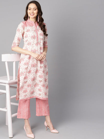 Women's Off-White Floral Printed Straight Kurta With Stripped Yoke And Cigratte Pants.