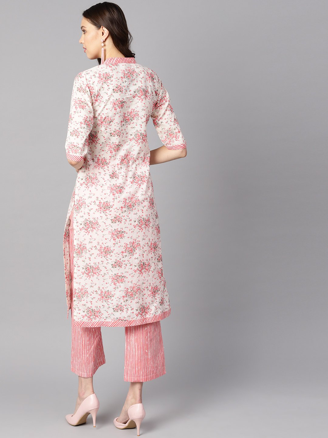 Women's Off-White Floral Printed Straight Kurta With Stripped Yoke And Cigratte Pants.