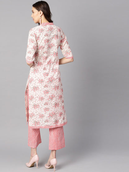 Women's Off-White Floral Printed Straight Kurta With Stripped Yoke And Cigratte Pants.