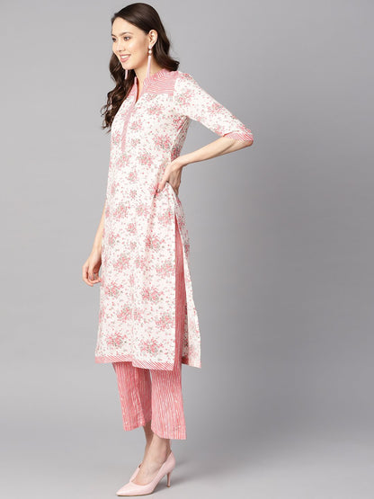 Women's Off-White Floral Printed Straight Kurta With Stripped Yoke And Cigratte Pants.