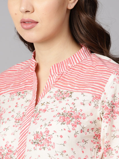 Women's Off-White Floral Printed Straight Kurta With Stripped Yoke And Cigratte Pants.