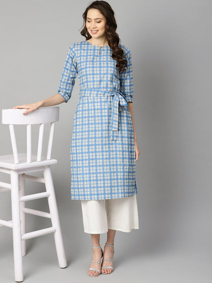Women's Blue Colored Checkered Boat Neck With Front Keyhole Kurta With Reversible Belt.