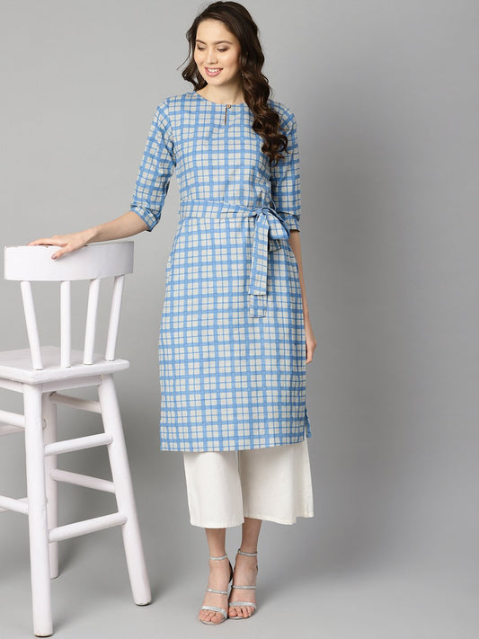 Women's Blue Colored Checkered Boat Neck With Front Keyhole Kurta With Reversible Belt.