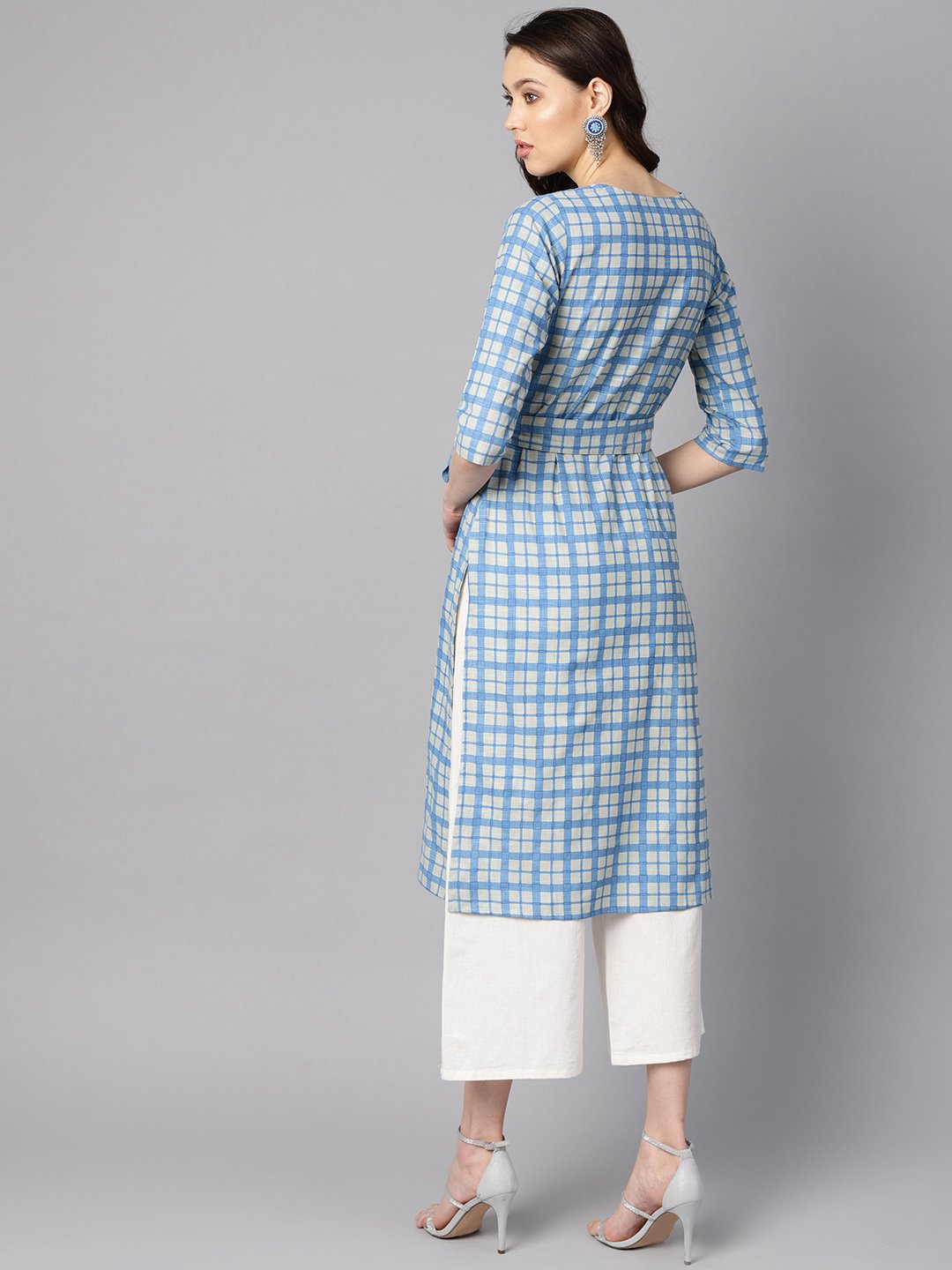 Women's Blue Colored Checkered Boat Neck With Front Keyhole Kurta With Reversible Belt.