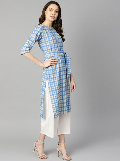 Women's Blue Colored Checkered Boat Neck With Front Keyhole Kurta With Reversible Belt.