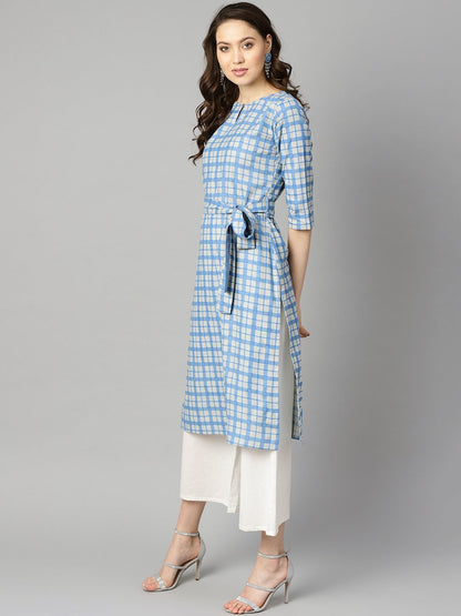 Women's Blue Colored Checkered Boat Neck With Front Keyhole Kurta With Reversible Belt.