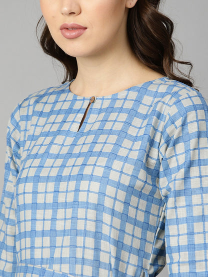 Women's Blue Colored Checkered Boat Neck With Front Keyhole Kurta With Reversible Belt.