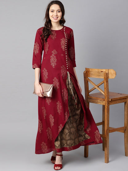 Women's Maroon High-Low Gold Printed Kurta With Brown Printed Skirt