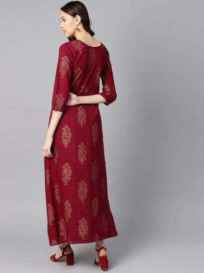 Women's Maroon High-Low Gold Printed Kurta With Brown Printed Skirt