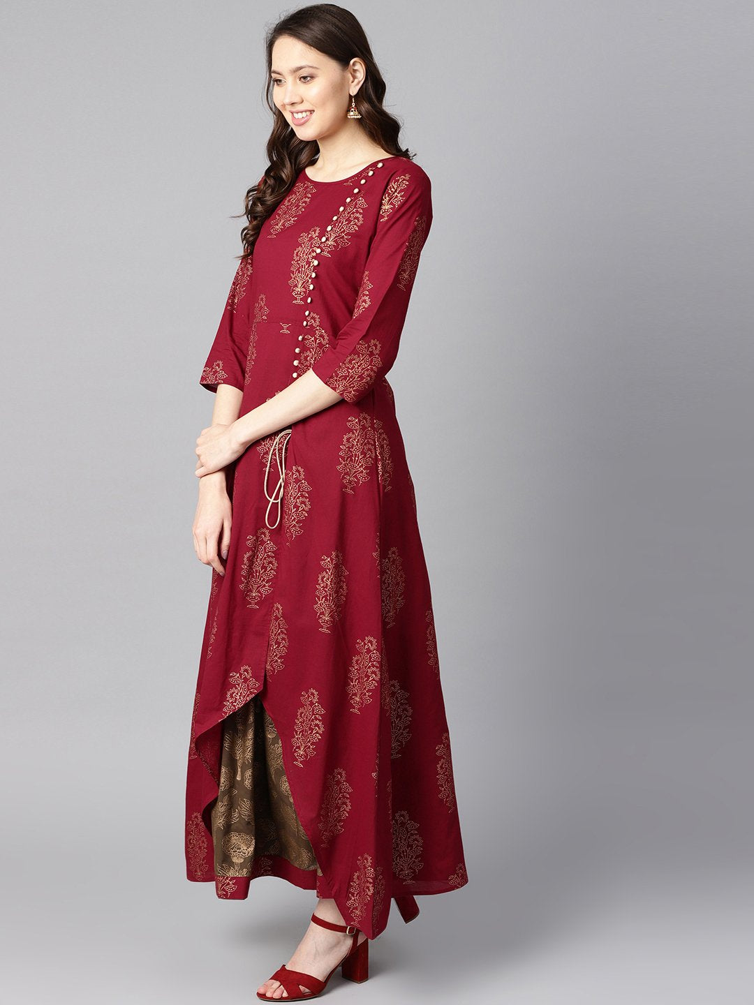 Women's Maroon High-Low Gold Printed Kurta With Brown Printed Skirt