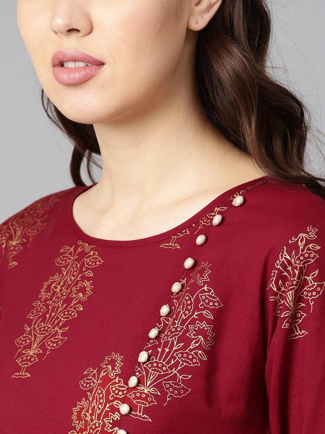 Women's Maroon High-Low Gold Printed Kurta With Brown Printed Skirt