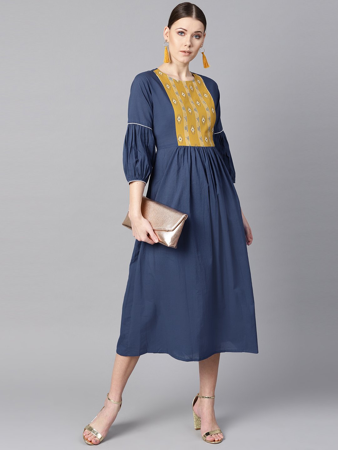 Women's Solid Blue Dress With Front Printed Yoke & Pleated Sleeves
