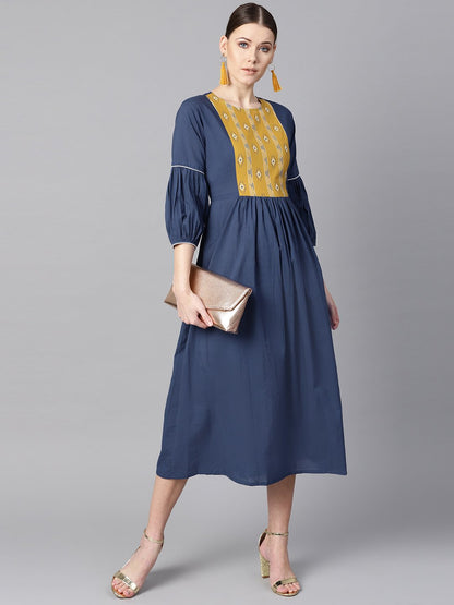 Women's Solid Blue Dress With Front Printed Yoke & Pleated Sleeves