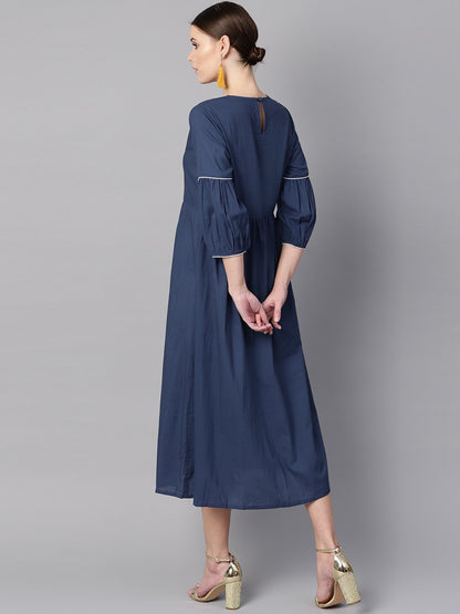 Women's Solid Blue Dress With Front Printed Yoke & Pleated Sleeves