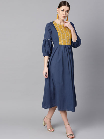 Women's Solid Blue Dress With Front Printed Yoke & Pleated Sleeves