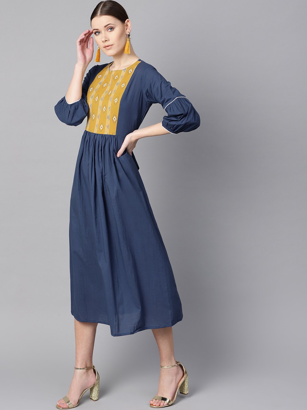 Women's Solid Blue Dress With Front Printed Yoke & Pleated Sleeves