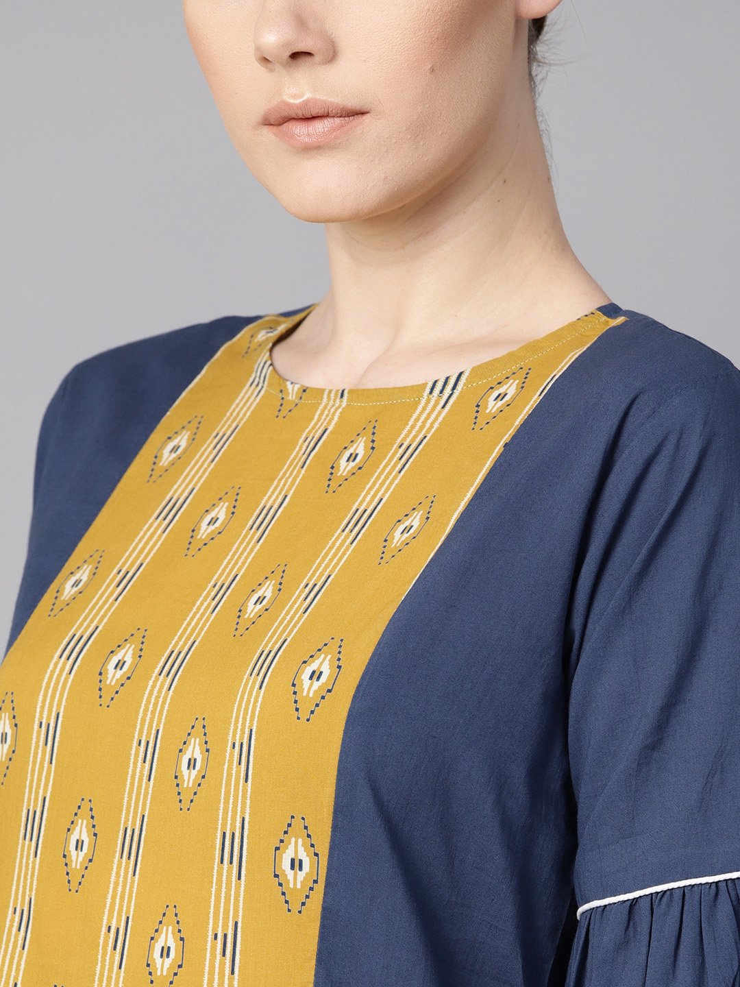 Women's Solid Blue Dress With Front Printed Yoke & Pleated Sleeves