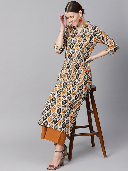 Women's Brown Printed Half Sleeve With Pocket Details Kurta Set With Solid Brown Pants