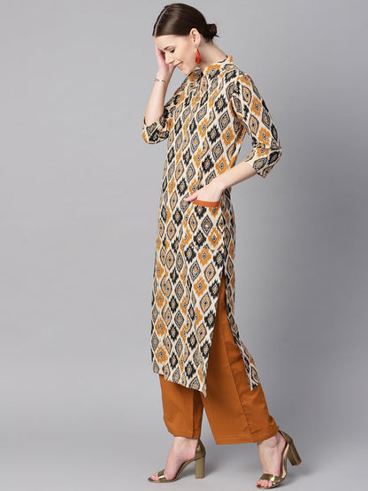 Women's Brown Printed Half Sleeve With Pocket Details Kurta Set With Solid Brown Pants