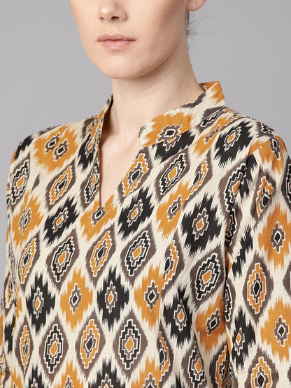 Women's Brown Printed Half Sleeve With Pocket Details Kurta Set With Solid Brown Pants