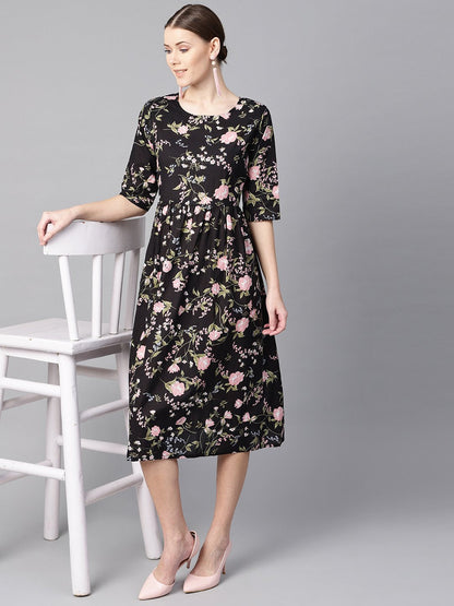 Women's Black Floral Dress With Round Neck & Half Sleeves