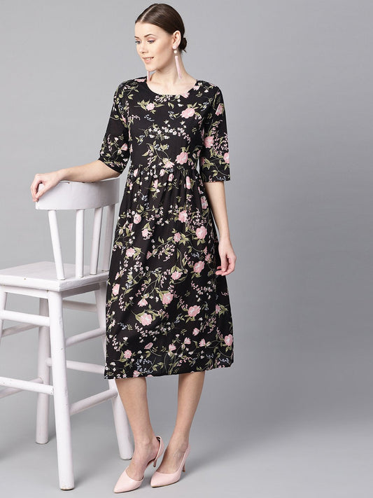 Women's Black Floral Dress With Round Neck & Half Sleeves