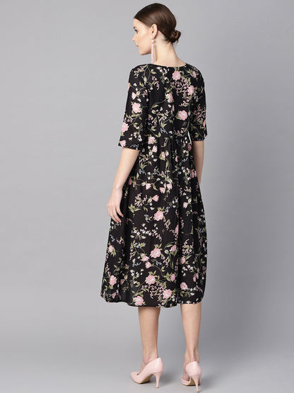 Women's Black Floral Dress With Round Neck & Half Sleeves