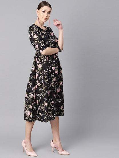 Women's Black Floral Dress With Round Neck & Half Sleeves