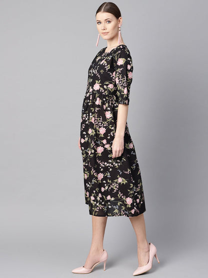 Women's Black Floral Dress With Round Neck & Half Sleeves