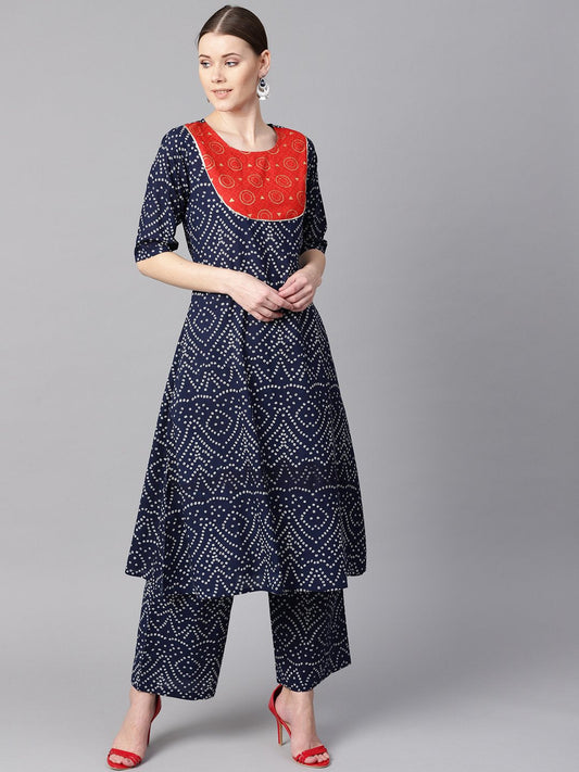 Women's Navy Blue Half Sleeve Bandhni Print Kurta With Front Printed Yoke
