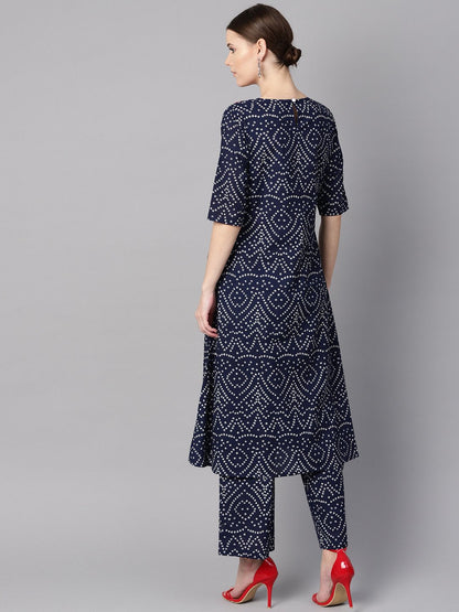 Women's Navy Blue Half Sleeve Bandhni Print Kurta With Front Printed Yoke