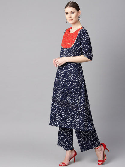 Women's Navy Blue Half Sleeve Bandhni Print Kurta With Front Printed Yoke
